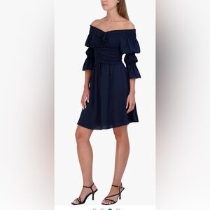 BCBGeneration Navy Smocked Off-the-Shoulder Bubble-Sleeve Dress size small‎ new